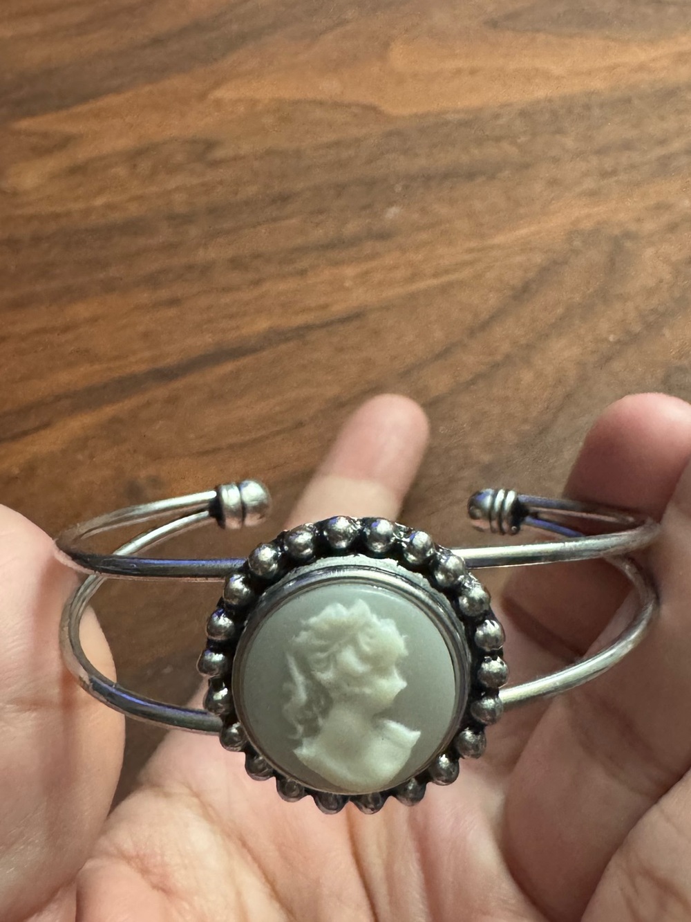 Silvertoned Cameo Open Cuff Bangle Bracelet